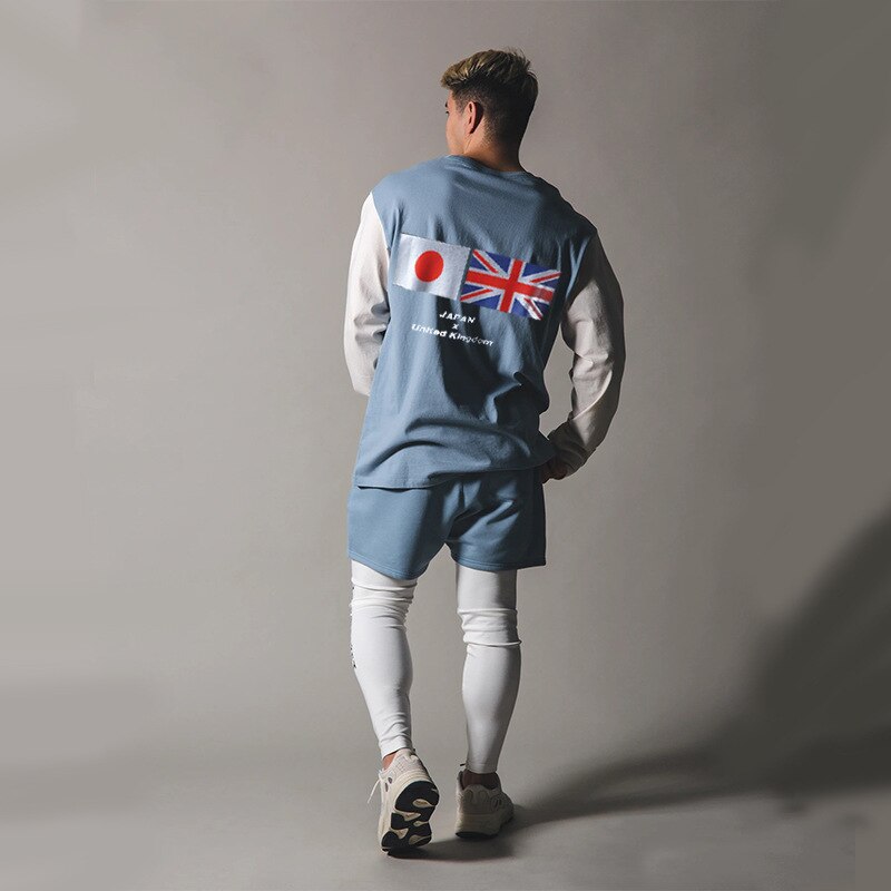 Cheap and comfortable white and blue long sleeve shirt with Japan and uk flag