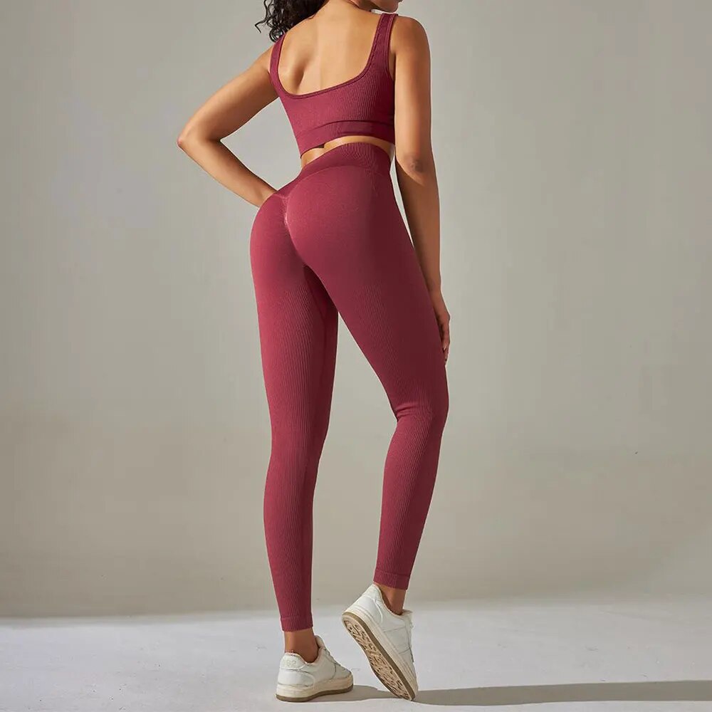 Ribbed Yoga Clothing Sets 2PCS Women High Waist LeggingsTop Two Piece Set Seamless Tracksuit Fitness Workout Outfits Gym Wear